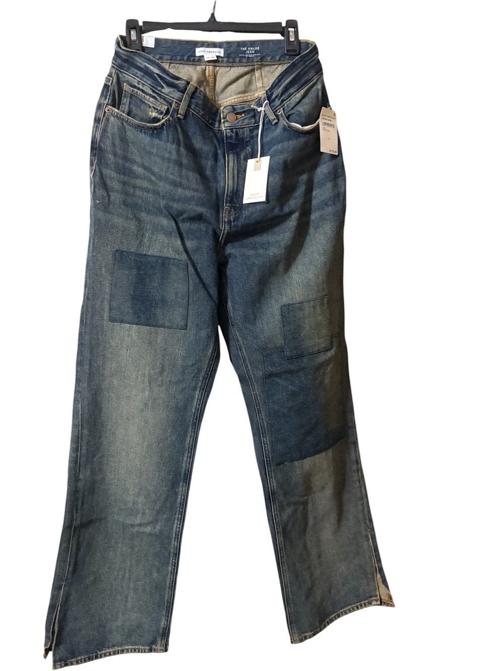 Khloe sz 10 Blue Patchwork Super High-Rise Straight-Leg Jeans NWT